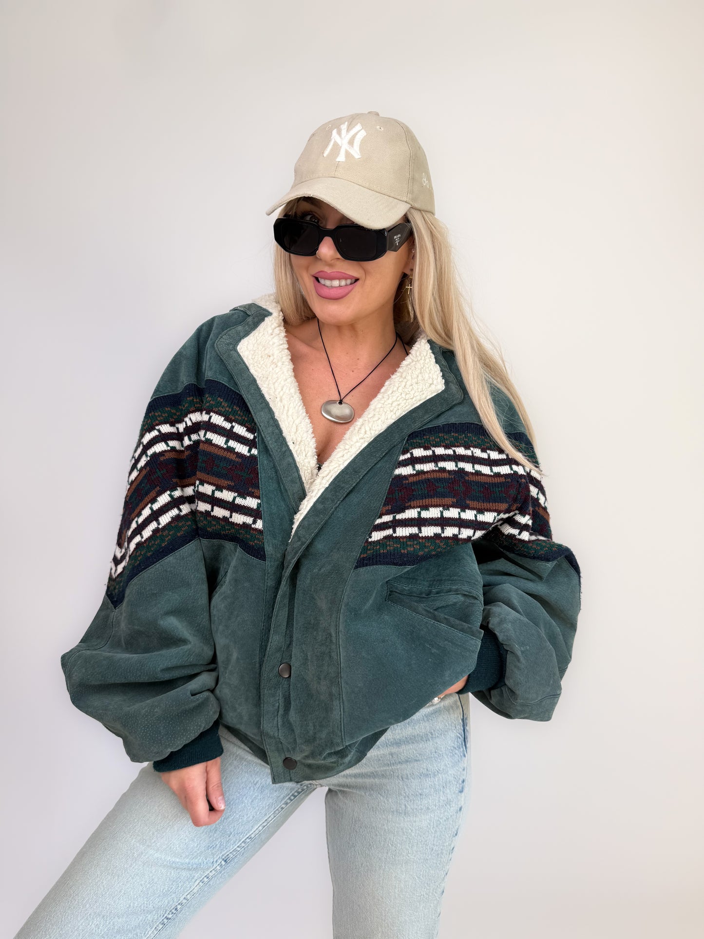 Vintage 80s Suede Bomber Jacket with Tribal Knit & Sherpa Lining M-L