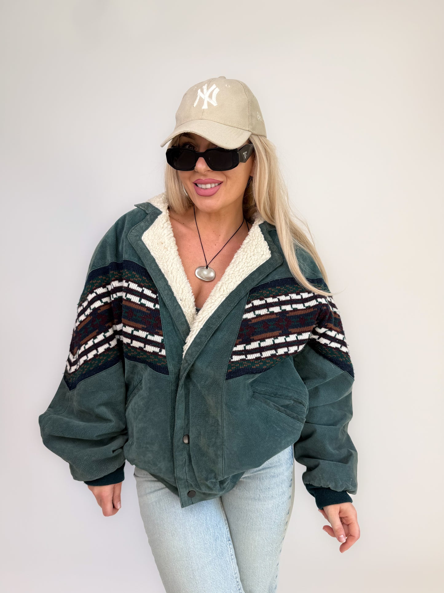 Vintage 80s Suede Bomber Jacket with Tribal Knit & Sherpa Lining M-L
