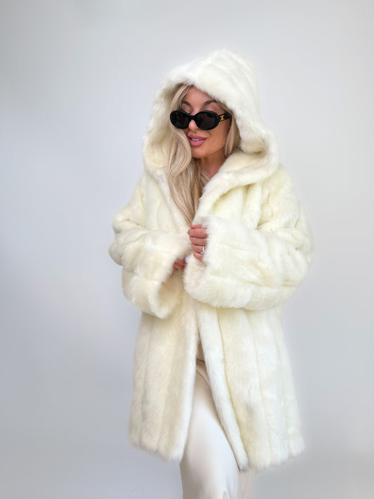 Vintage 90s White Faux Fur Hooded Coat L