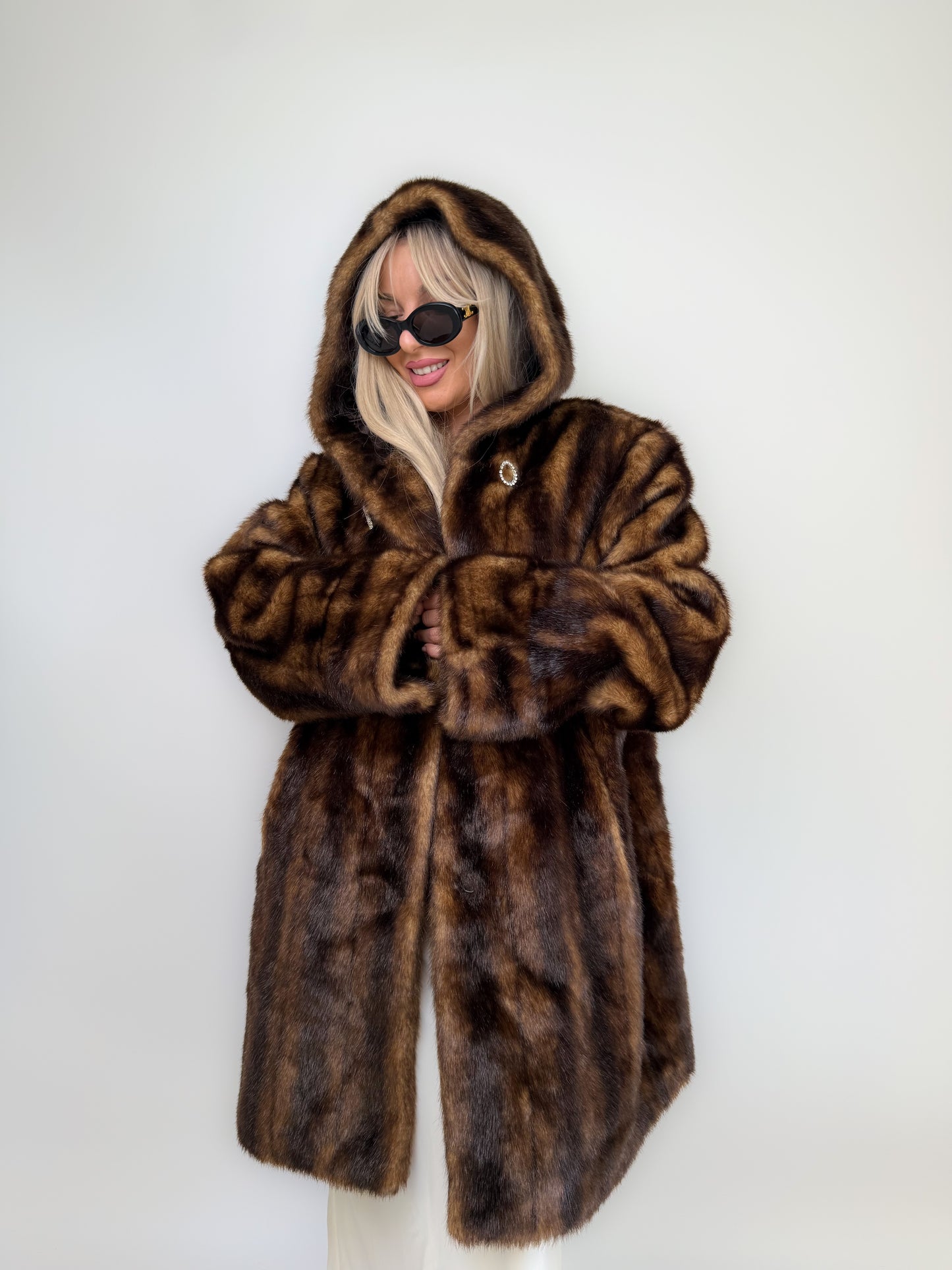 Vintage Brown Faux Mink Fur Hooded Winter Coat – Plus Size XL 1X