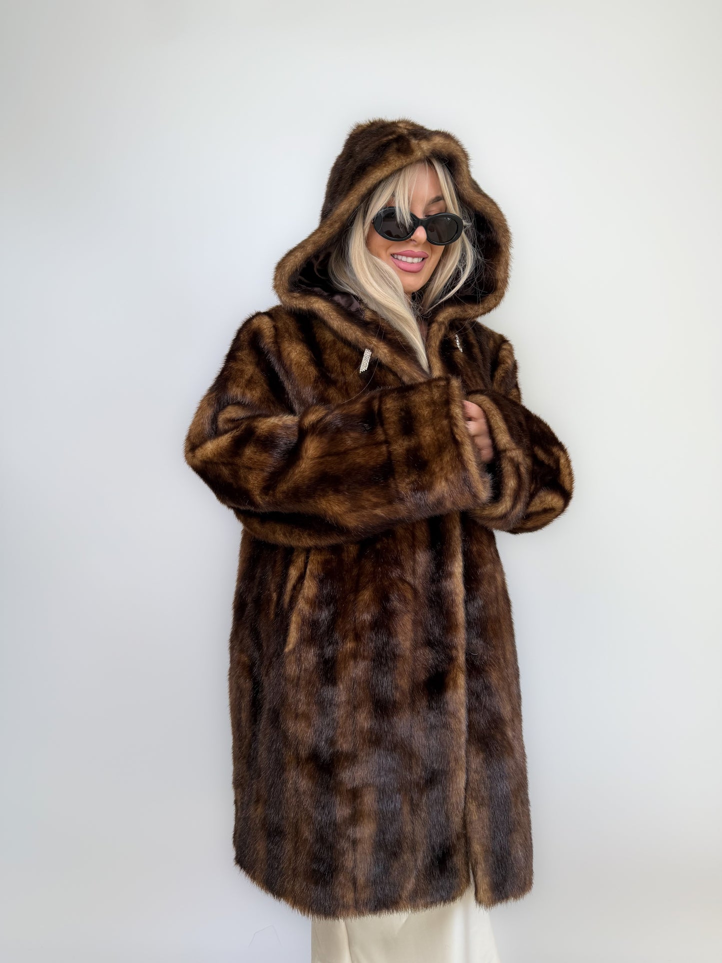 Vintage Brown Faux Mink Fur Hooded Winter Coat – Plus Size XL 1X