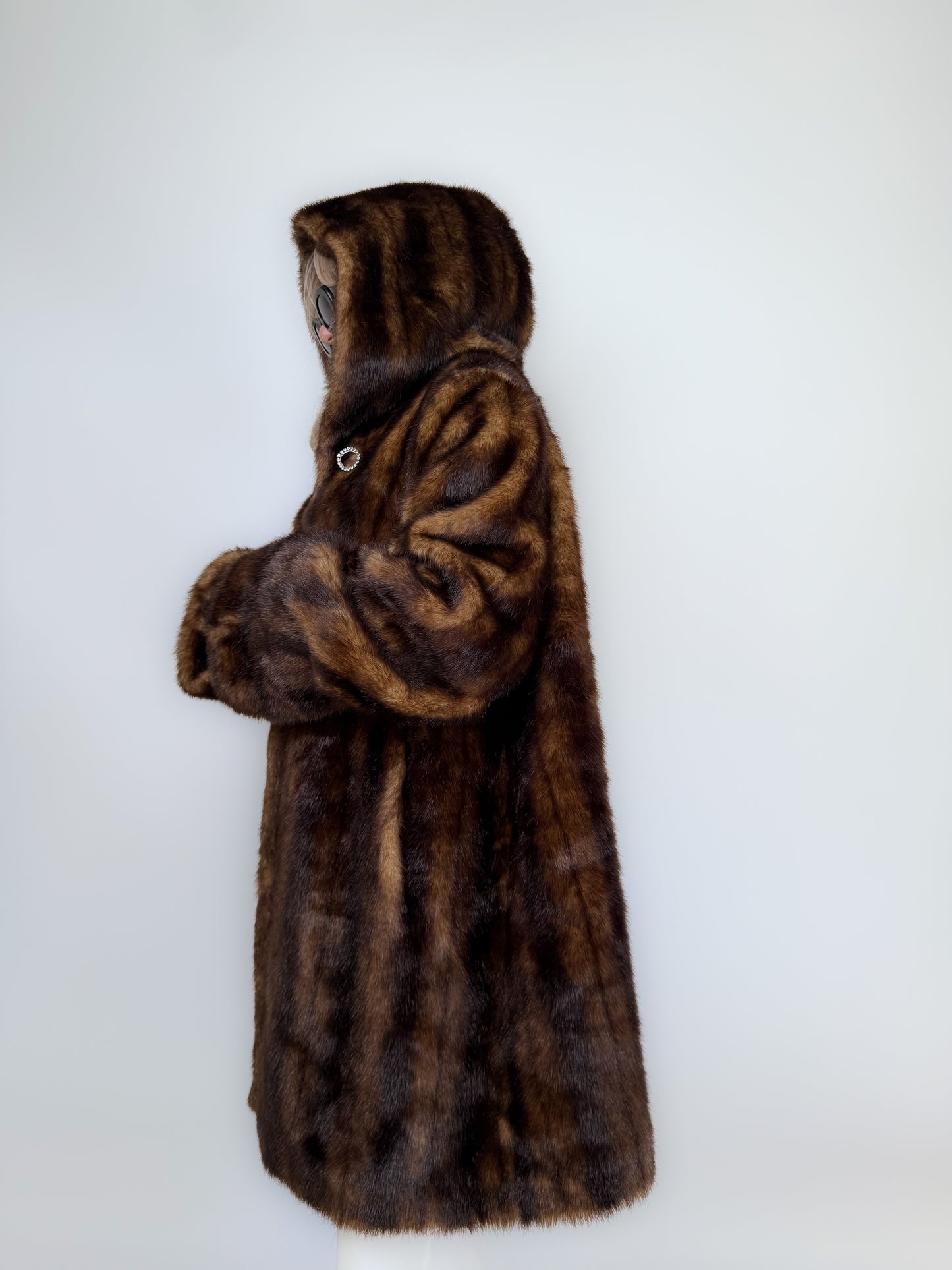 Vintage Brown Faux Mink Fur Hooded Winter Coat – Plus Size XL 1X