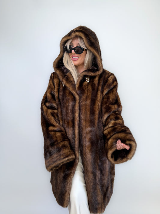 Vintage Brown Faux Mink Fur Hooded Winter Coat – Plus Size XL 1X
