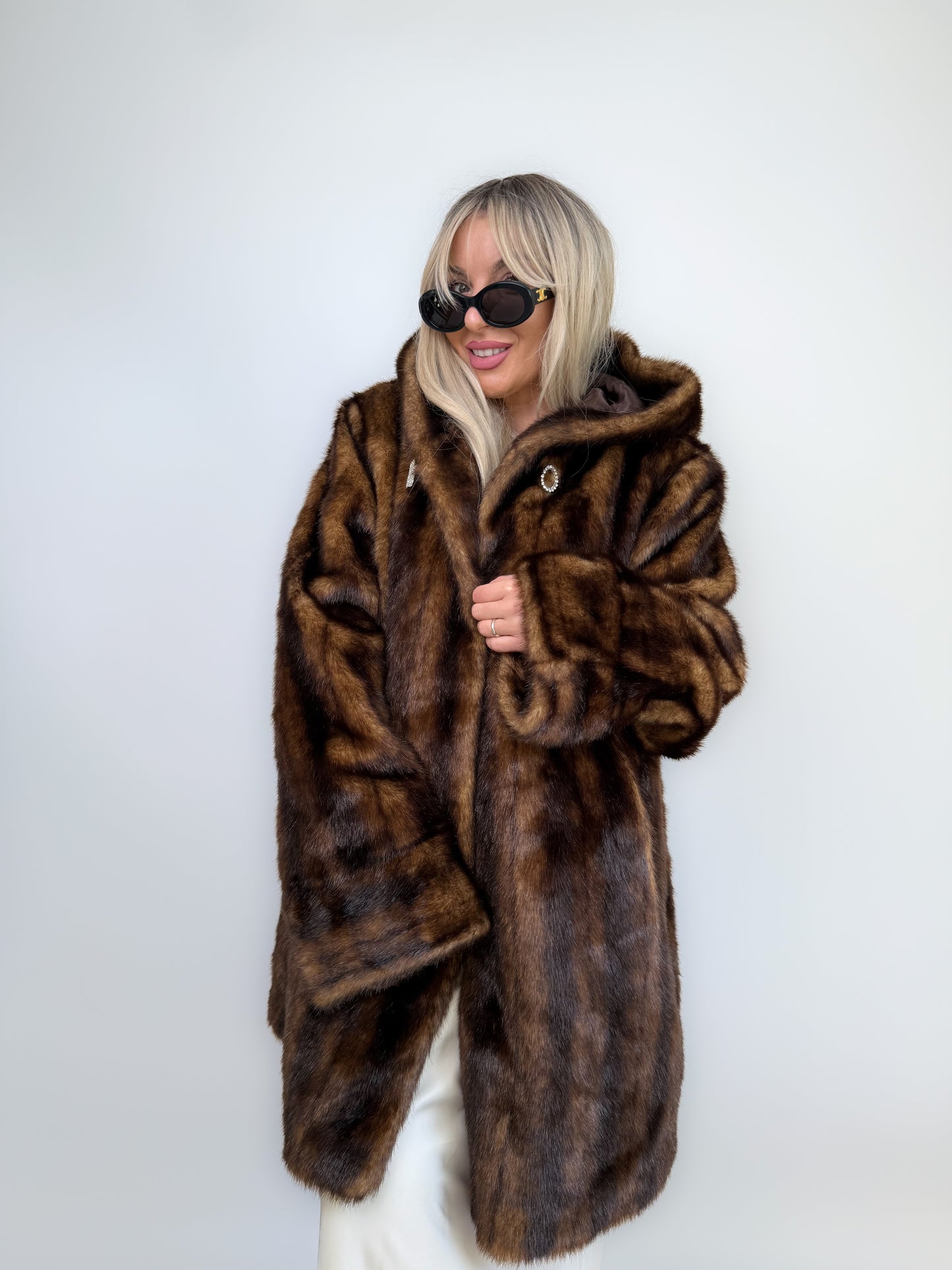Vintage Brown Faux Mink Fur Hooded Winter Coat – Plus Size XL 1X