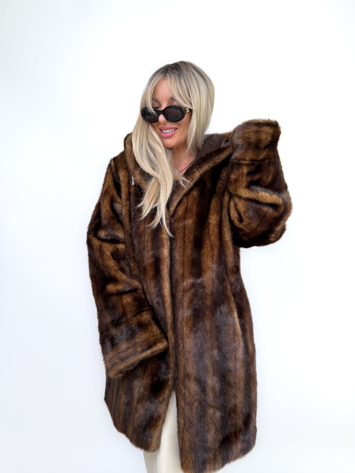 Vintage Brown Faux Mink Fur Hooded Winter Coat – Plus Size XL 1X