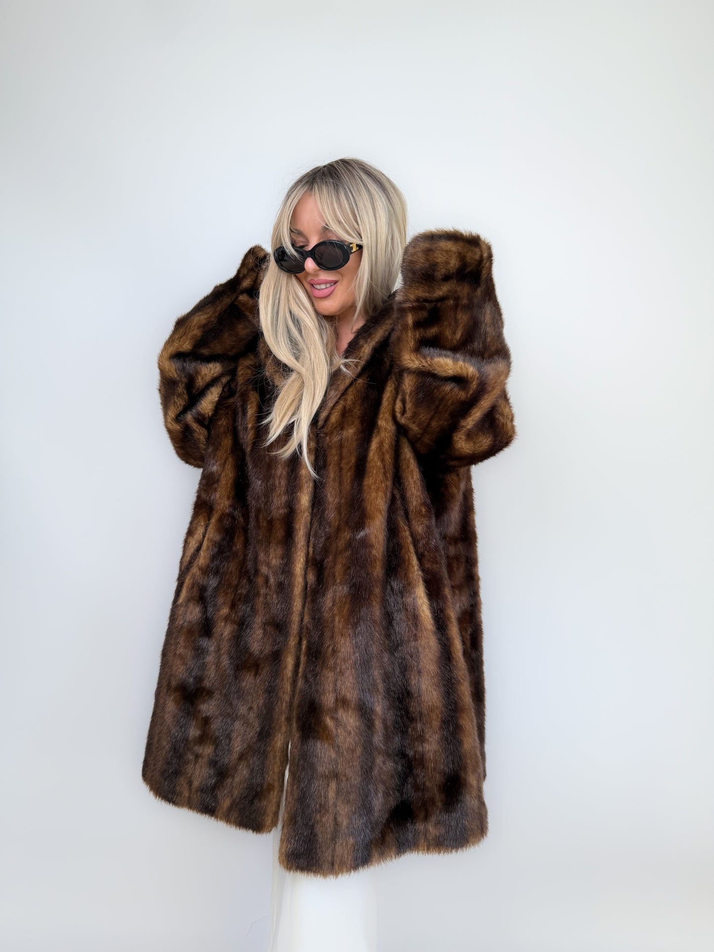 Vintage Brown Faux Mink Fur Hooded Winter Coat – Plus Size XL 1X