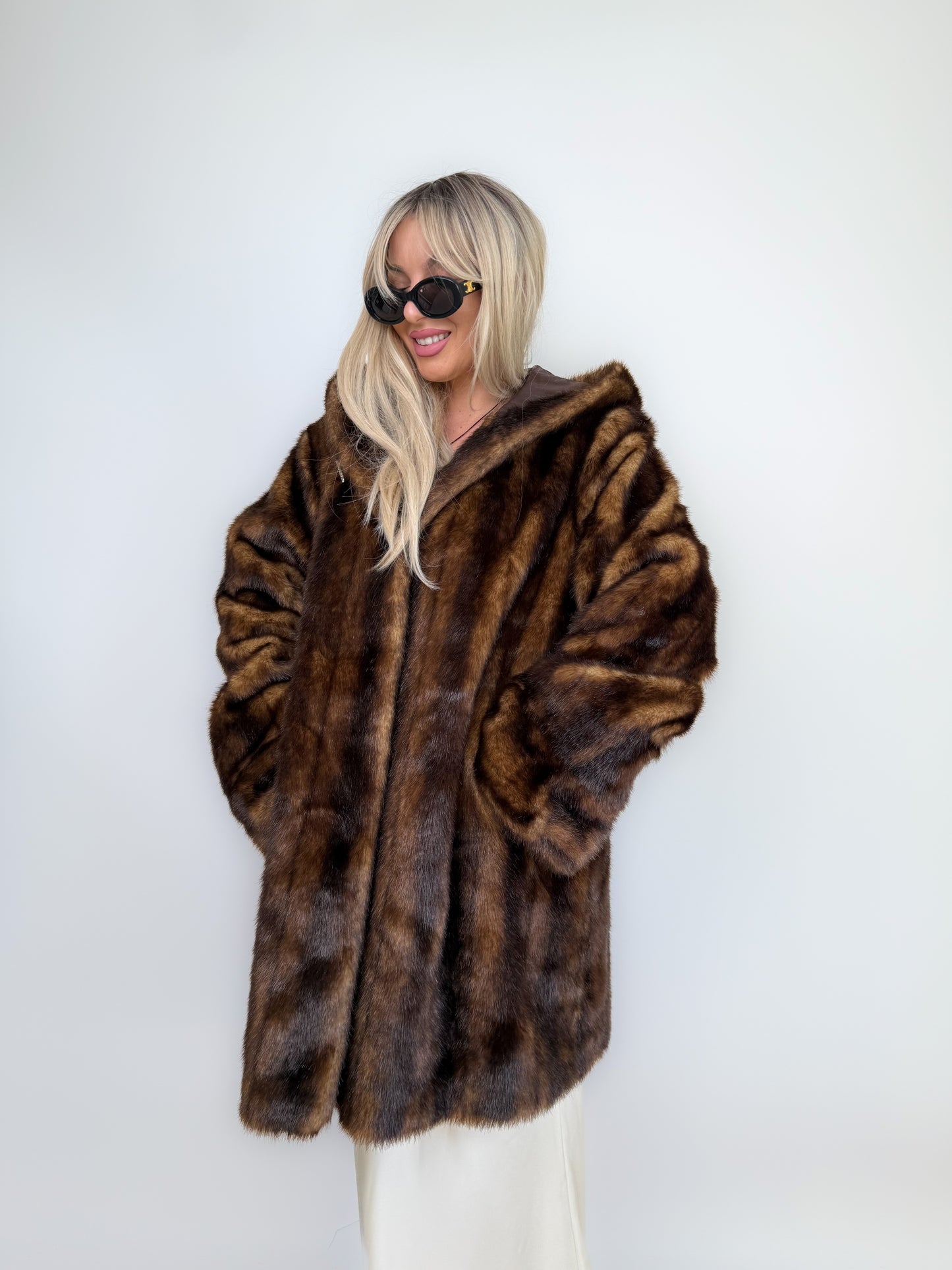 Vintage Brown Faux Mink Fur Hooded Winter Coat – Plus Size XL 1X