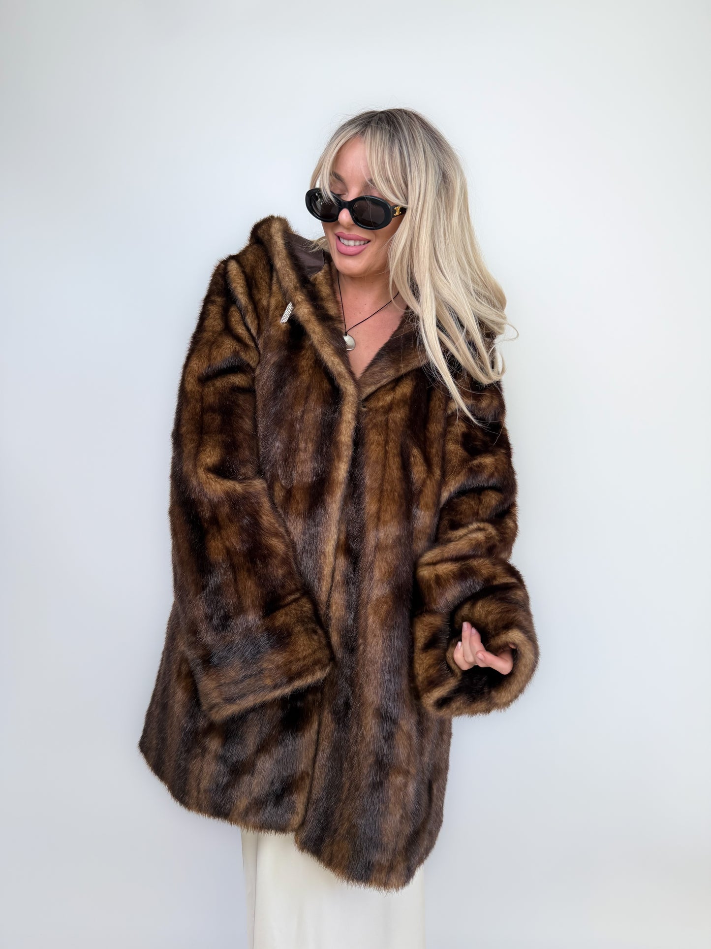 Vintage Brown Faux Mink Fur Hooded Winter Coat – Plus Size XL 1X