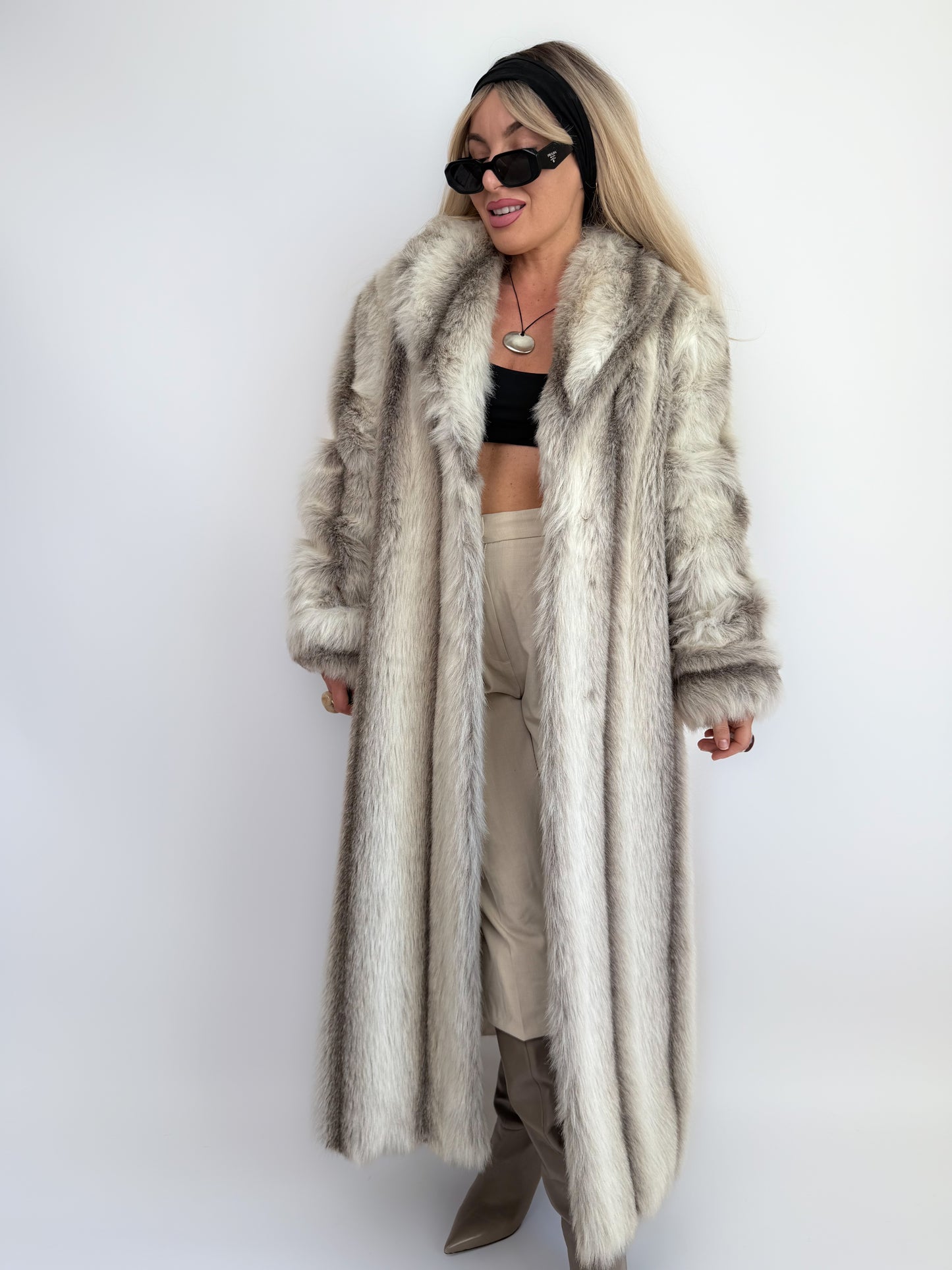 Snow Lynx Faux Fur Full-Length Vintage Winter Coat M-L