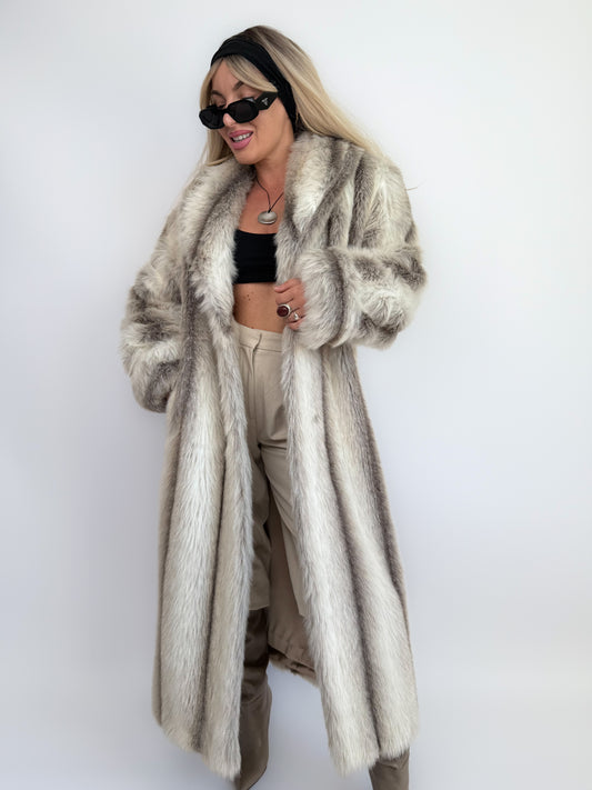 Snow Lynx Faux Fur Full-Length Vintage Winter Coat M-L