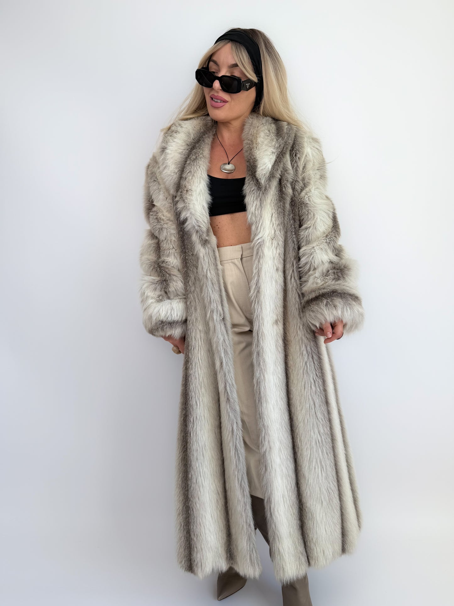 Snow Lynx Faux Fur Full-Length Vintage Winter Coat M-L