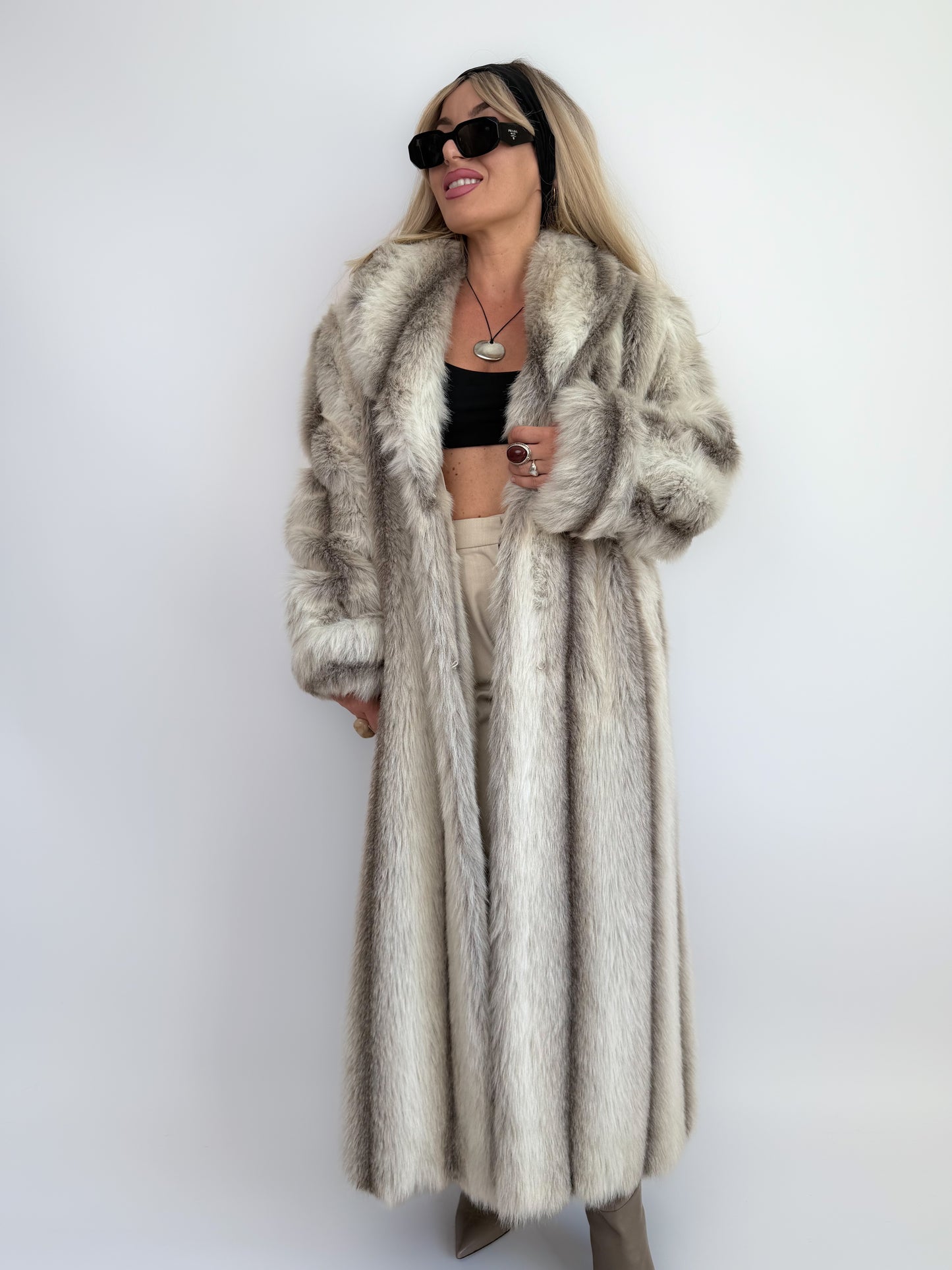 Snow Lynx Faux Fur Full-Length Vintage Winter Coat M-L