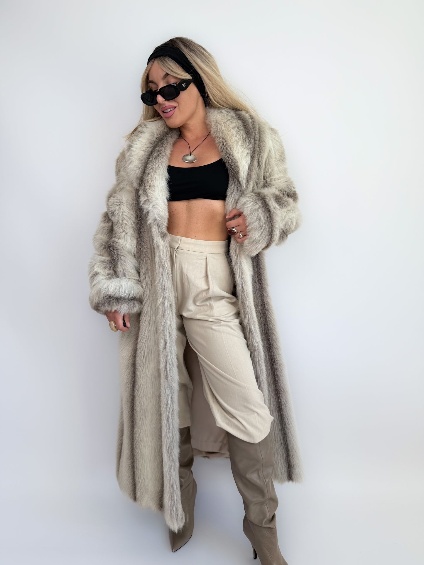 Snow Lynx Faux Fur Full-Length Vintage Winter Coat M-L
