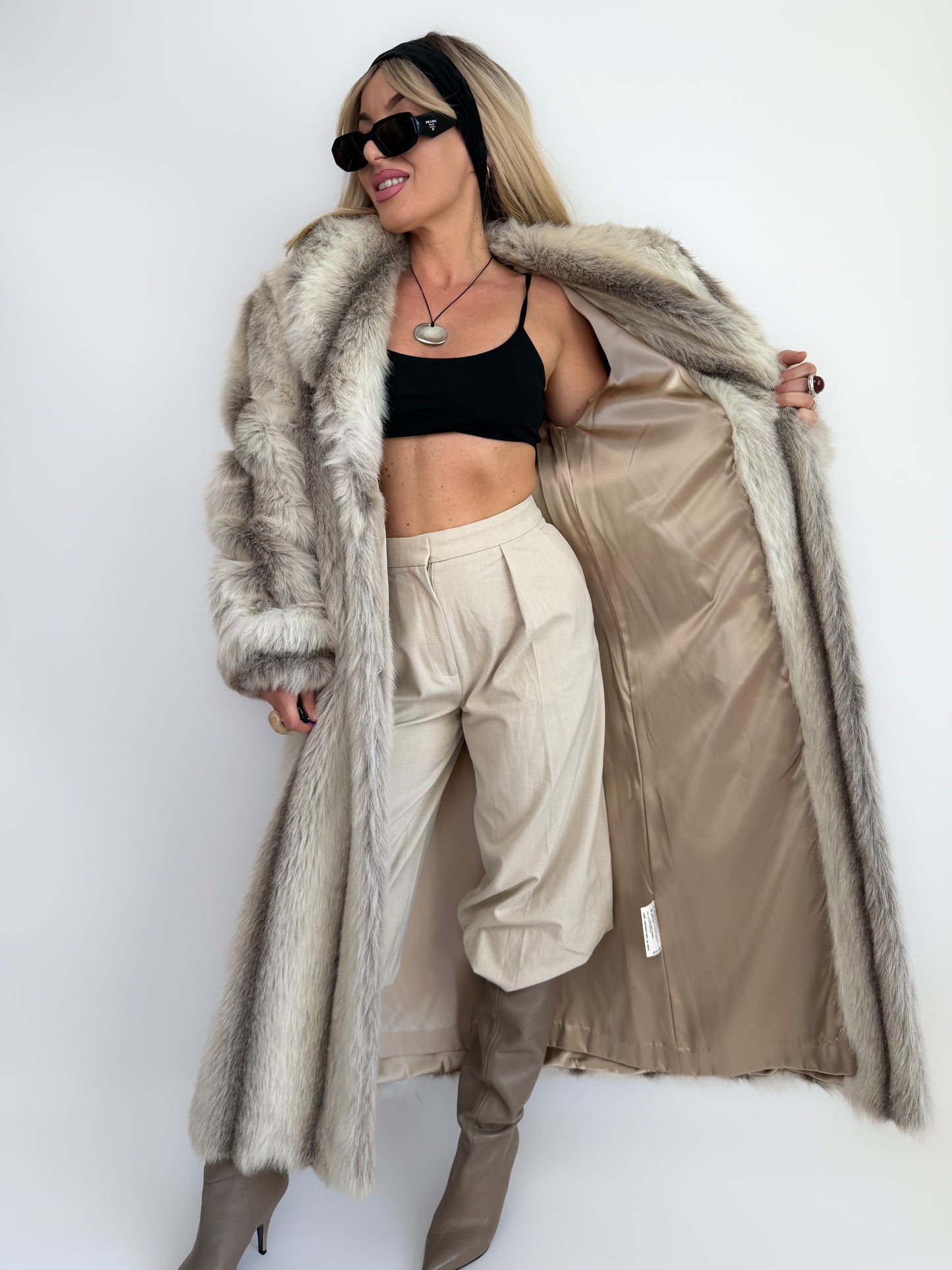 Snow Lynx Faux Fur Full-Length Vintage Winter Coat M-L