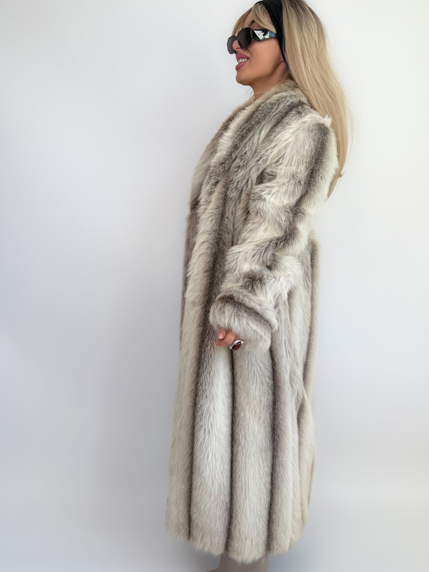 Snow Lynx Faux Fur Full-Length Vintage Winter Coat M-L