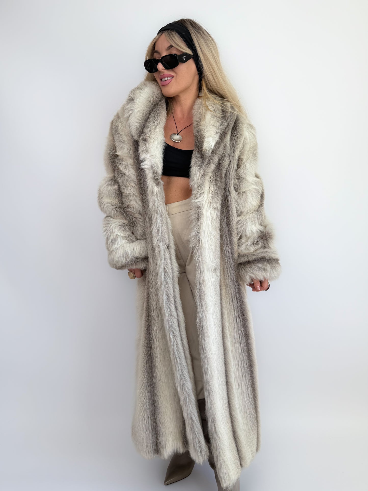 Snow Lynx Faux Fur Full-Length Vintage Winter Coat M-L