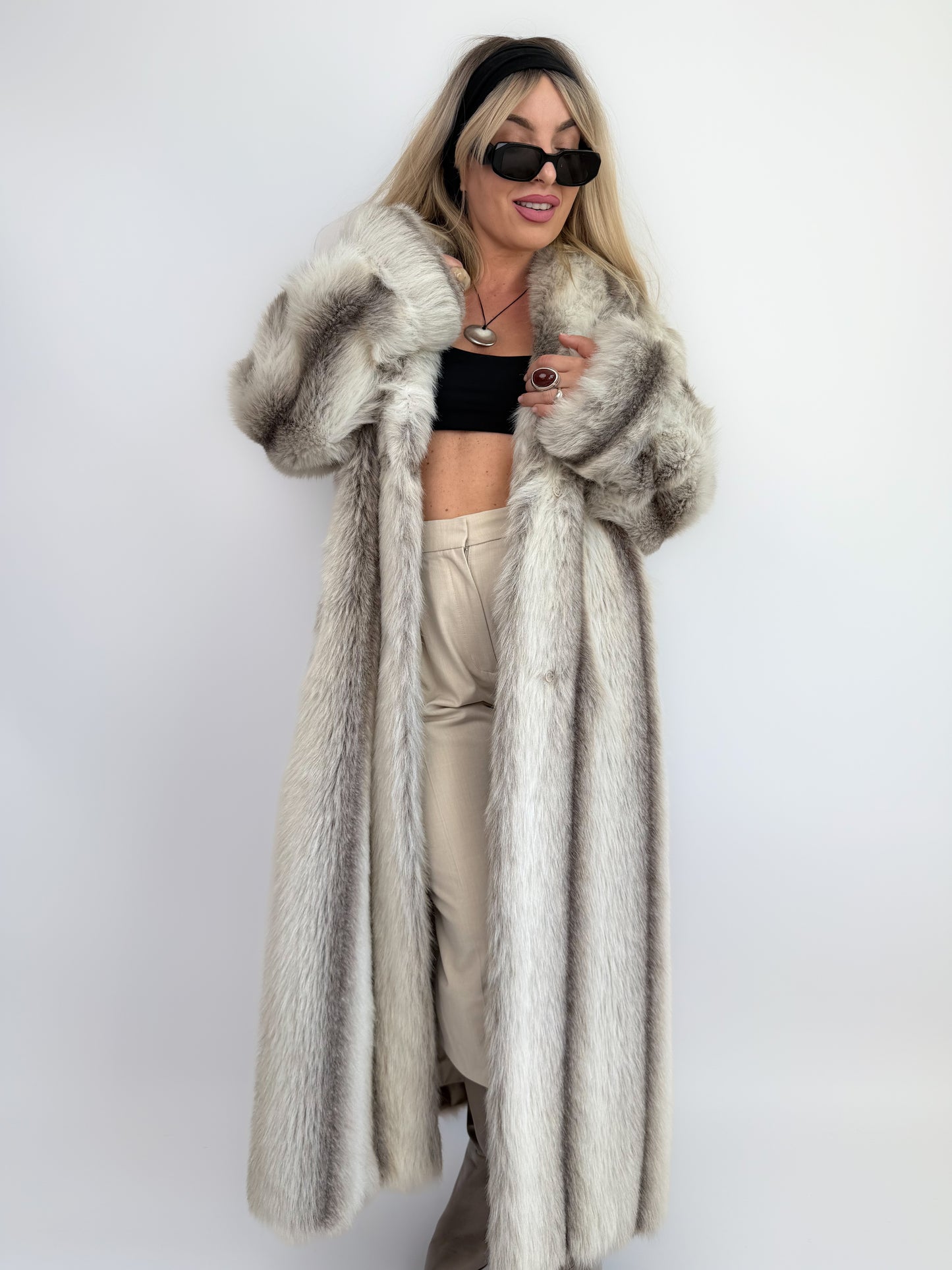 Snow Lynx Faux Fur Full-Length Vintage Winter Coat M-L