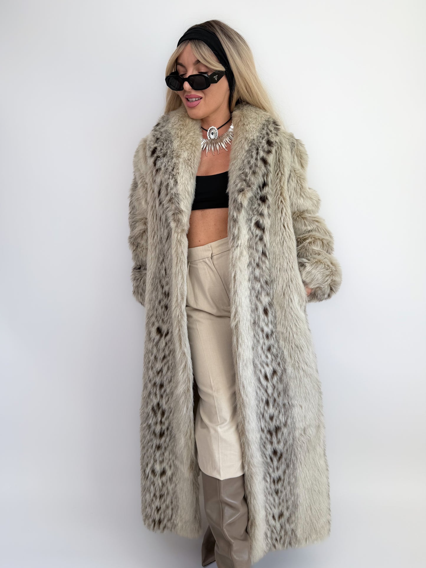 Snow Leopard Faux Fur Full-Length Vintage Coat S-M