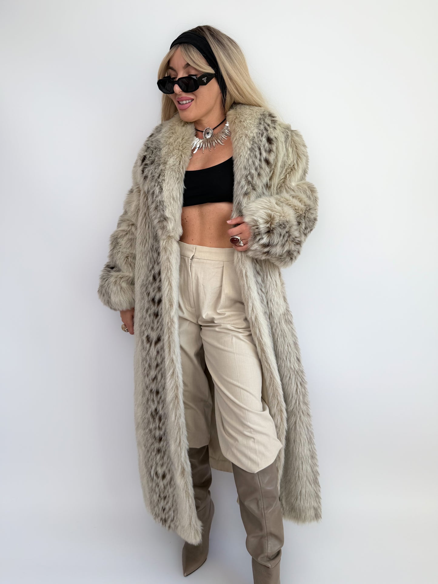 Snow Leopard Faux Fur Full-Length Vintage Coat S-M