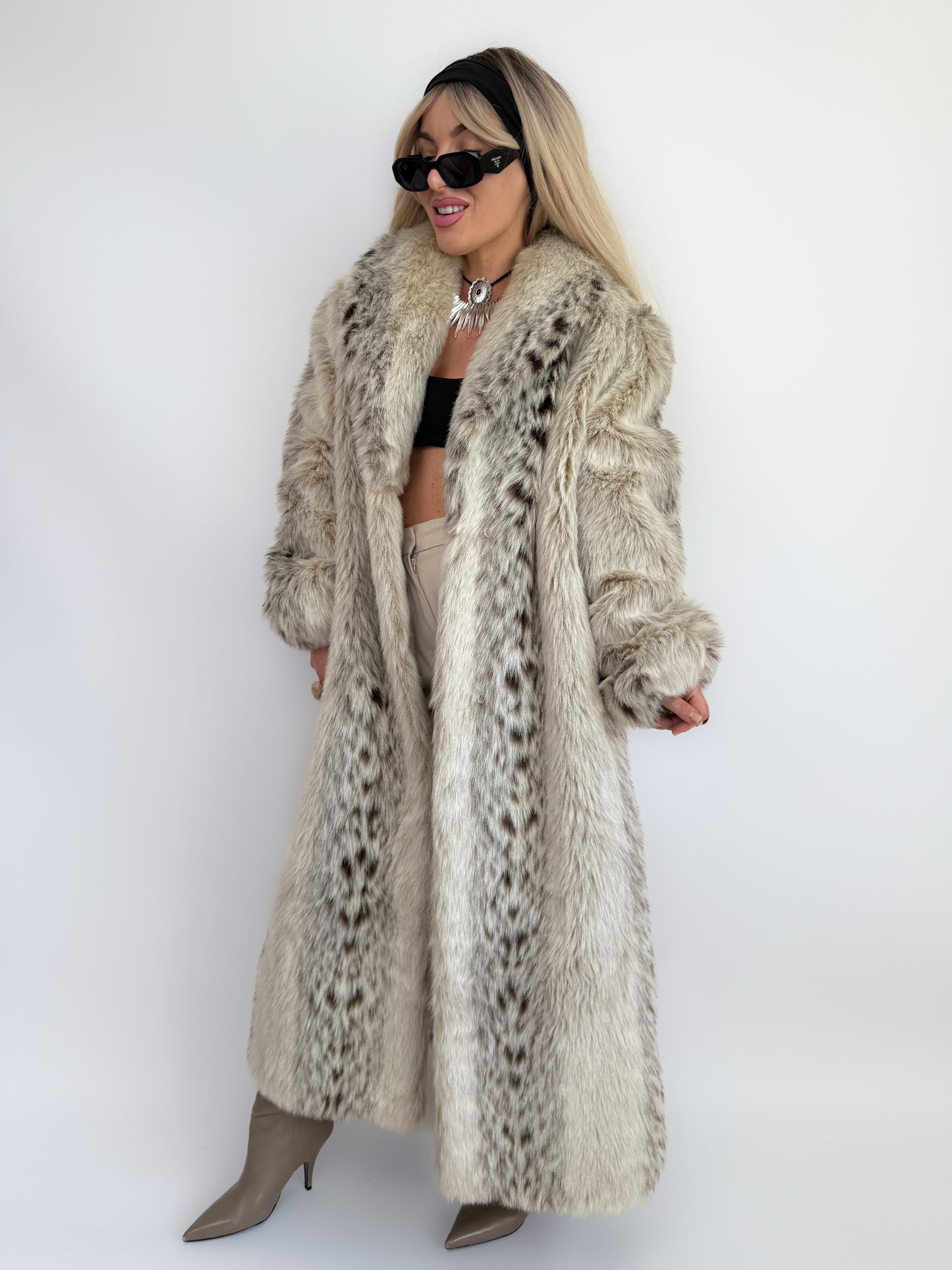 Snow Leopard Faux Fur Full-Length Vintage Coat S-M