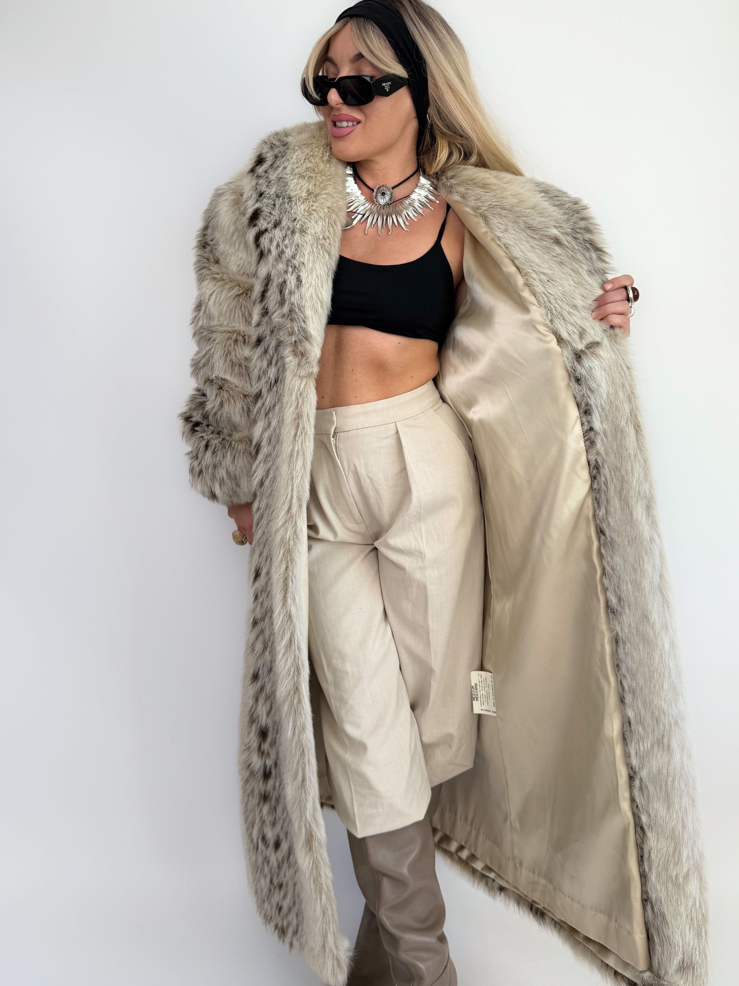 Snow Leopard Faux Fur Full-Length Vintage Coat S-M
