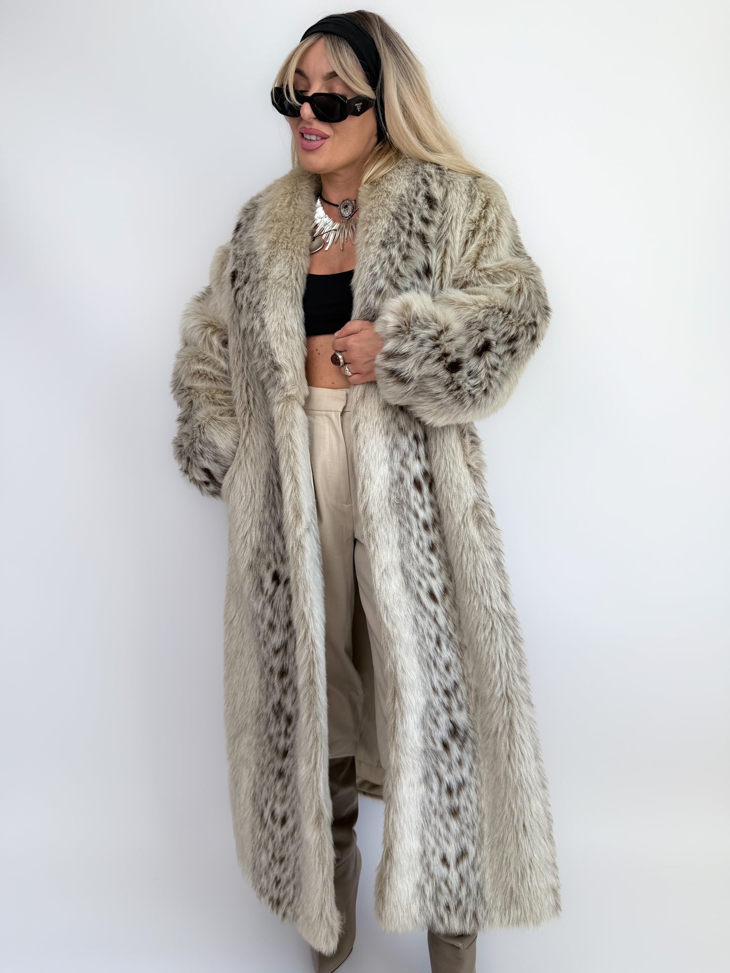 Snow Leopard Faux Fur Full-Length Vintage Coat S-M