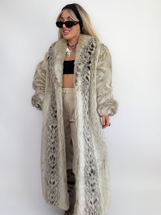 Snow Leopard Faux Fur Full-Length Vintage Coat S-M