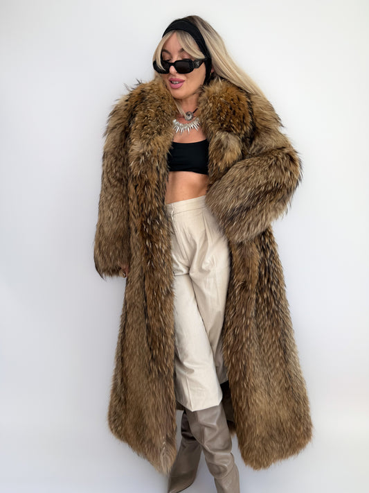 Vintage Brown Full-Length Natural Raccoon Winter Fur Coat  S-M
