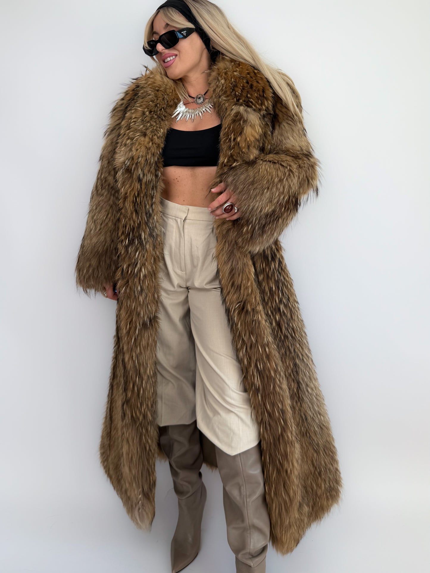 Vintage Brown Full-Length Natural Raccoon Winter Fur Coat  S-M