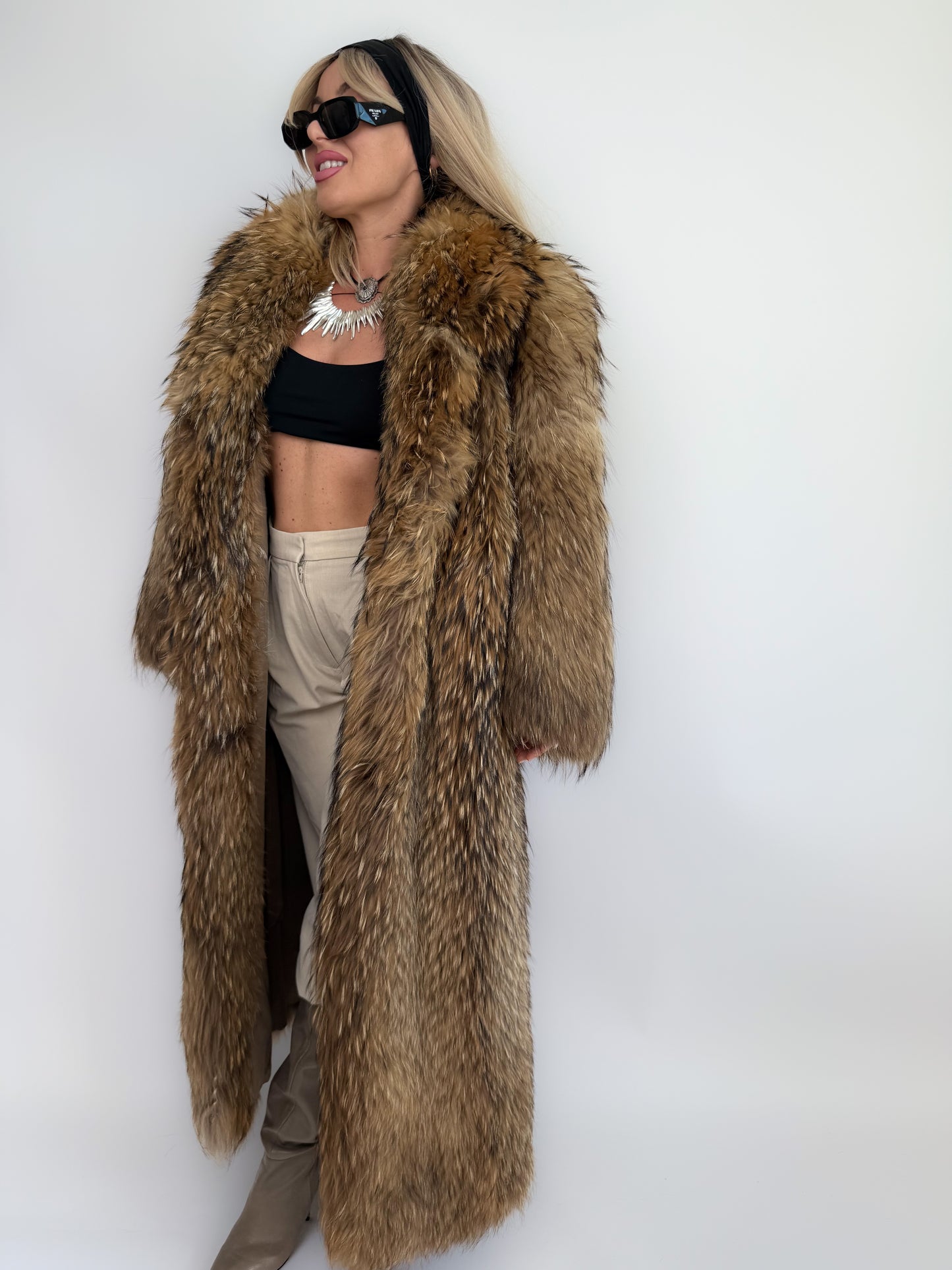Vintage Brown Full-Length Natural Raccoon Winter Fur Coat  S-M