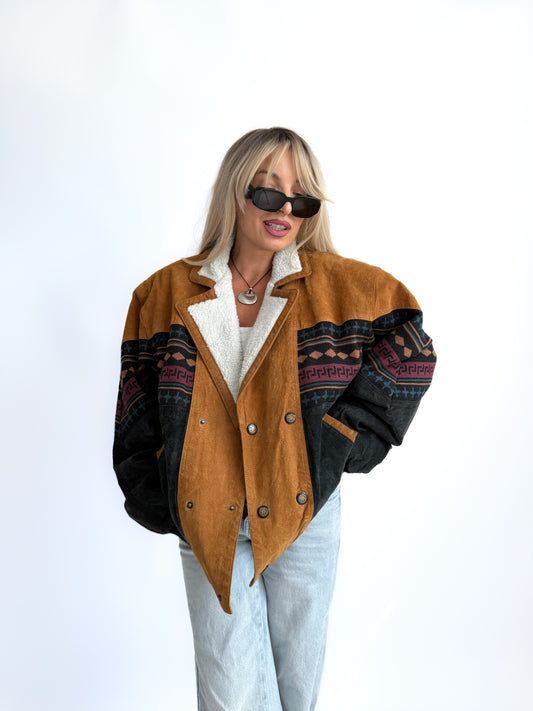 Vintage 90s Suede Leather Bomber Jacket – Tribal Aztec Navajo Print with Sherpa Collar L-XL