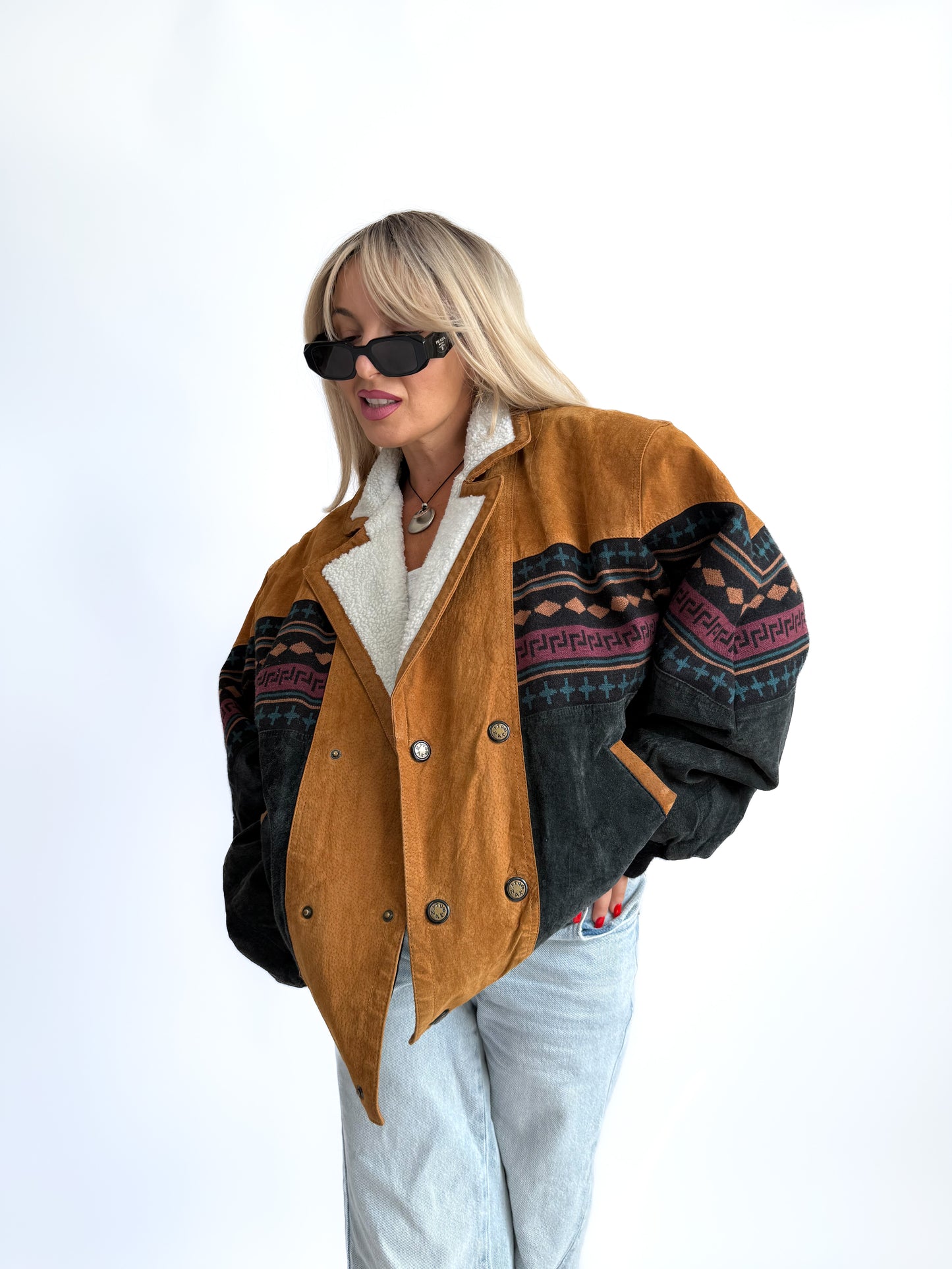 Vintage 90s Suede Leather Bomber Jacket – Tribal Aztec Navajo Print with Sherpa Collar L-XL
