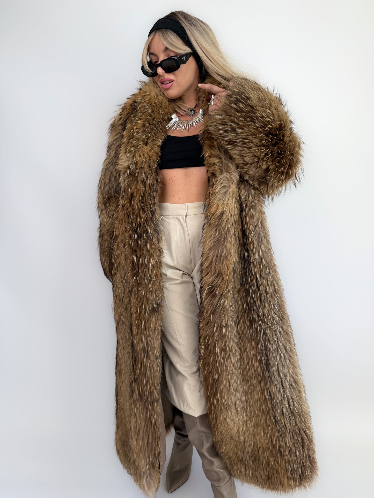 Vintage Brown Full-Length Natural Raccoon Winter Fur Coat  S-M