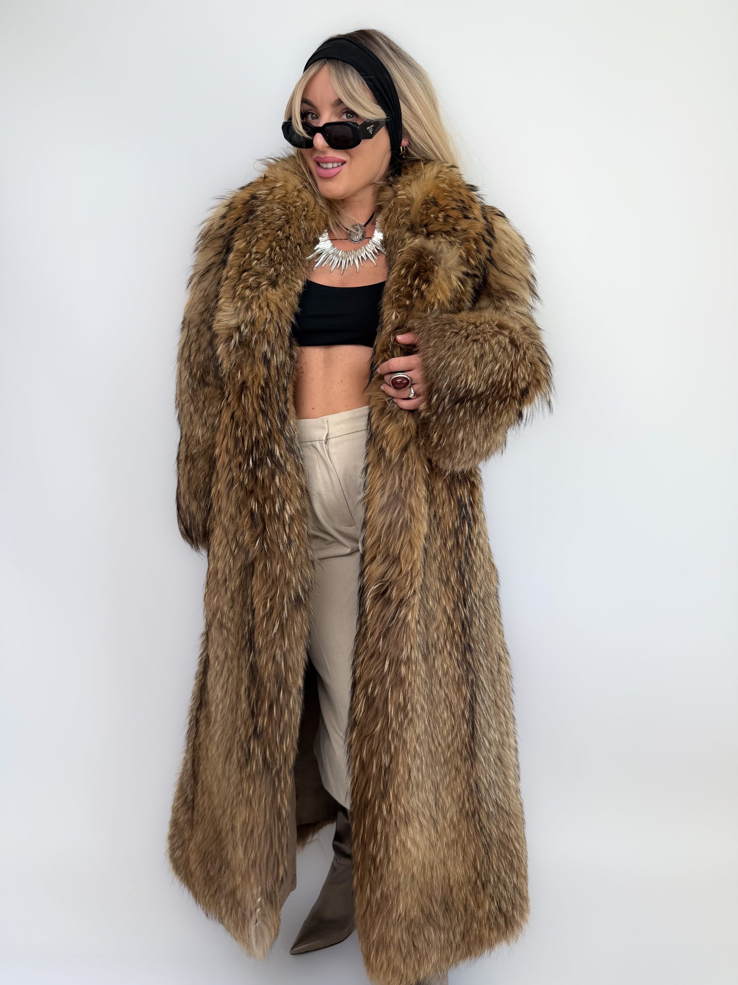 Vintage Brown Full-Length Natural Raccoon Winter Fur Coat  S-M