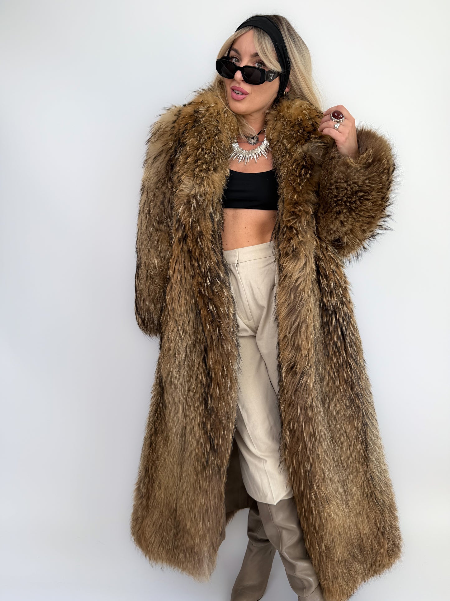 Vintage Brown Full-Length Natural Raccoon Winter Fur Coat  S-M