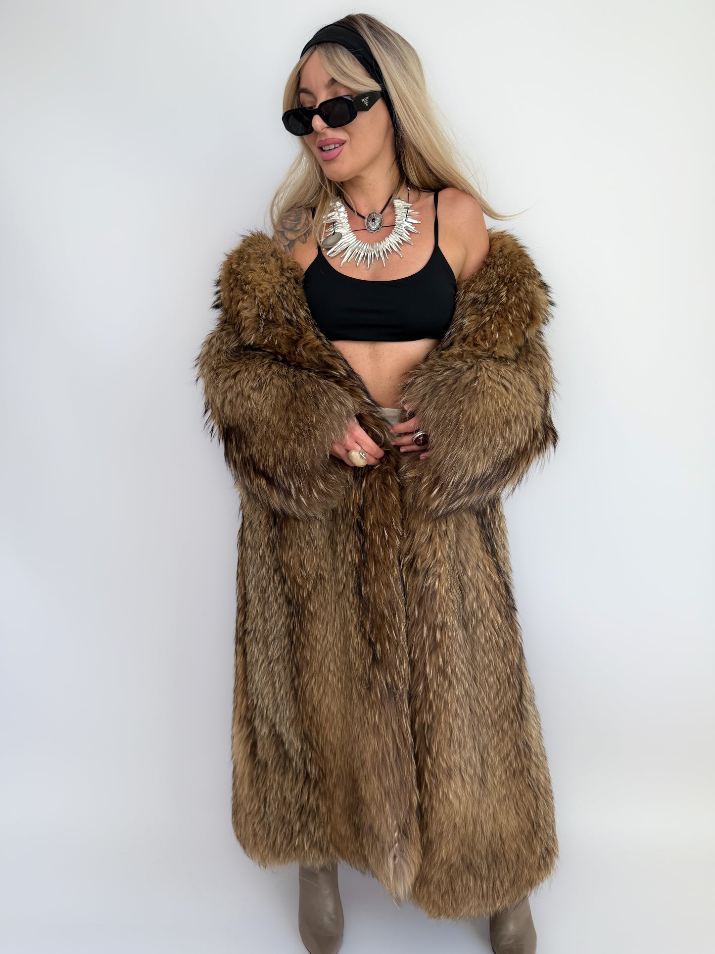 Vintage Brown Full-Length Natural Raccoon Winter Fur Coat  S-M