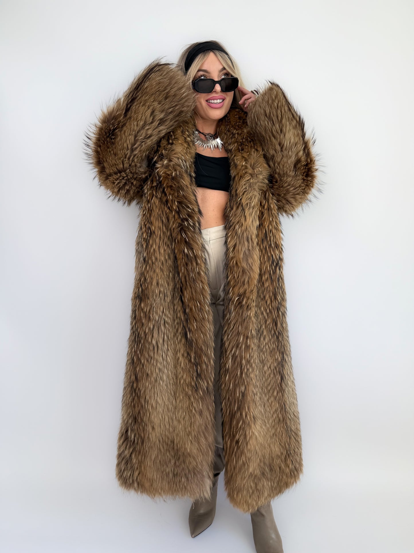Vintage Brown Full-Length Natural Raccoon Winter Fur Coat  S-M