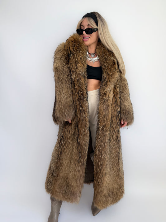 Vintage Brown Full-Length Natural Raccoon Winter Fur Coat  S-M