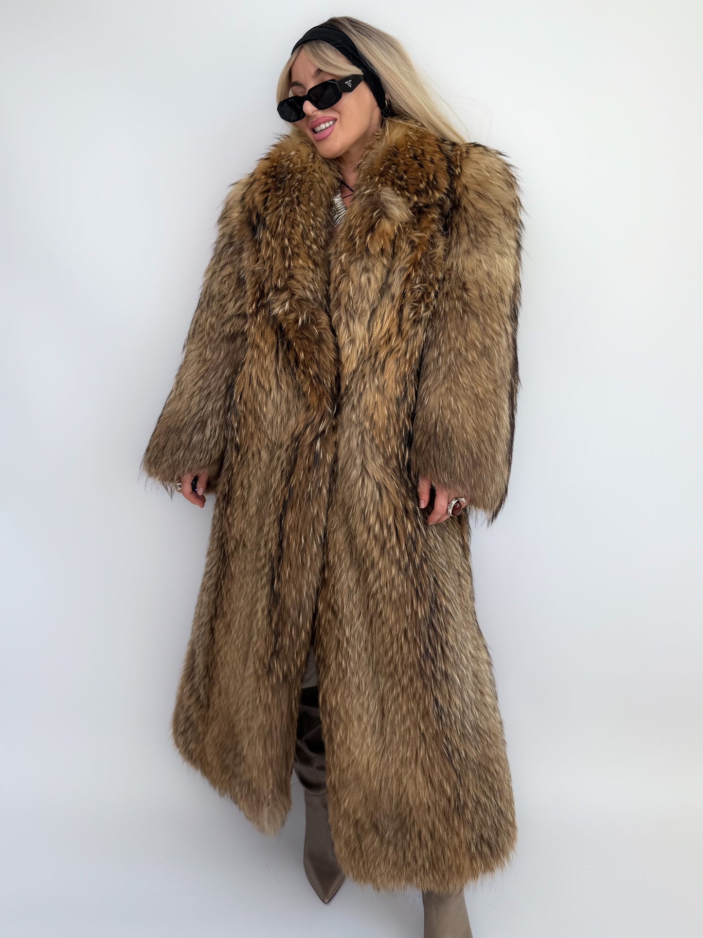 Vintage Brown Full-Length Natural Raccoon Winter Fur Coat  S-M