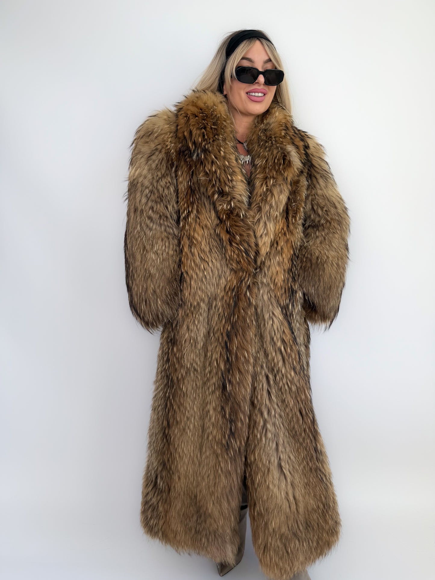 Vintage Brown Full-Length Natural Raccoon Winter Fur Coat  S-M