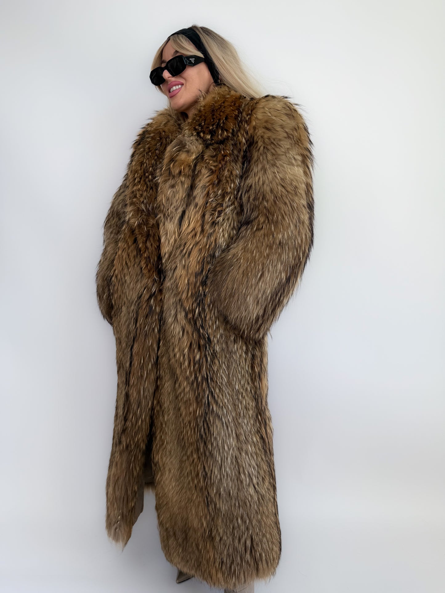 Vintage Brown Full-Length Natural Raccoon Winter Fur Coat  S-M