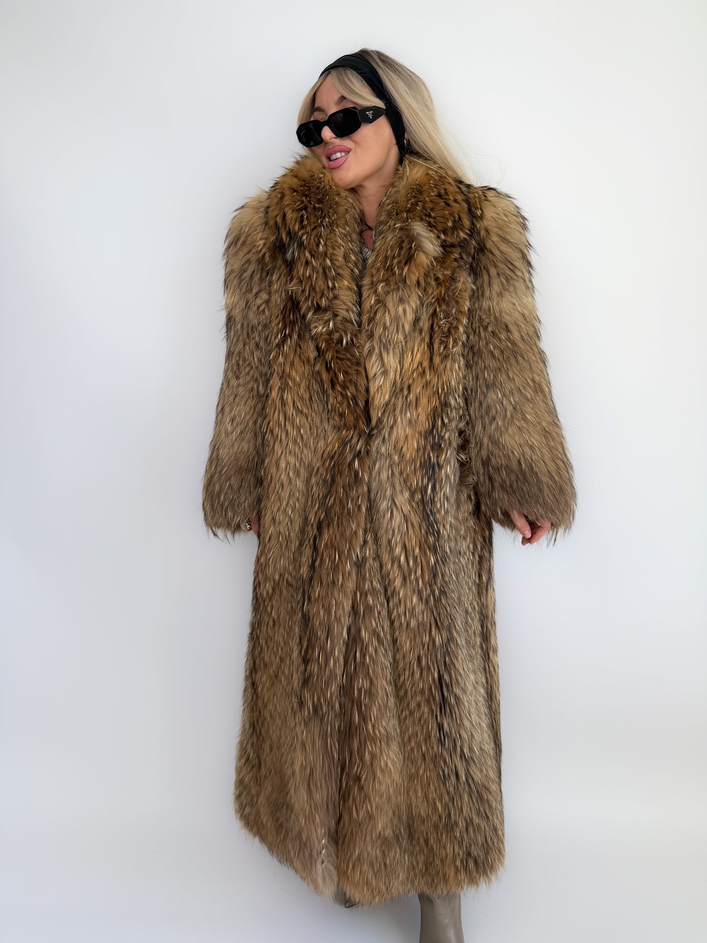 Vintage Brown Full-Length Natural Raccoon Winter Fur Coat  S-M