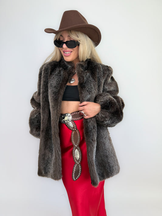 Vintage Brown Frosted Faux Fur Coat  S