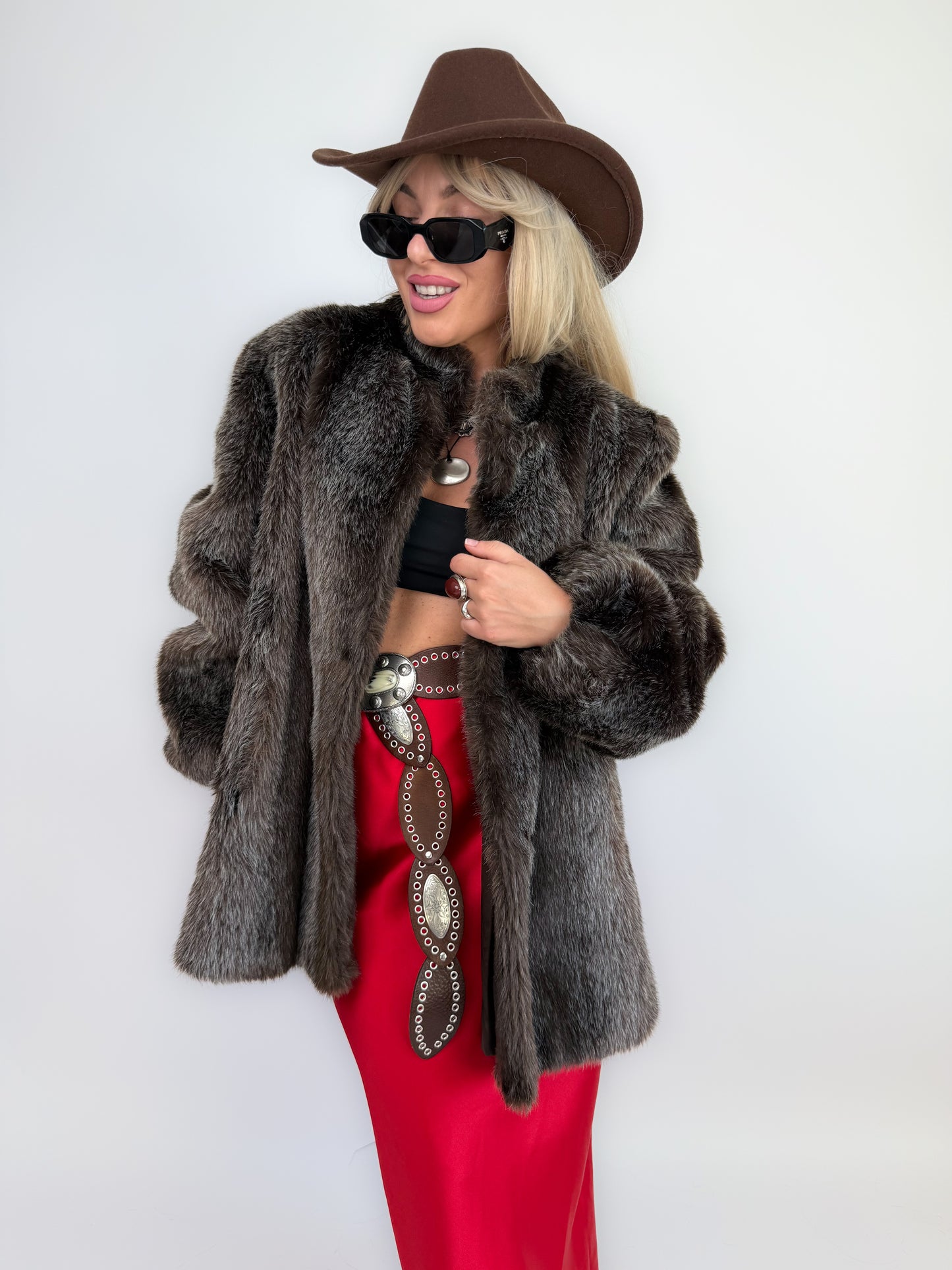 Vintage Brown Frosted Faux Fur Coat  S