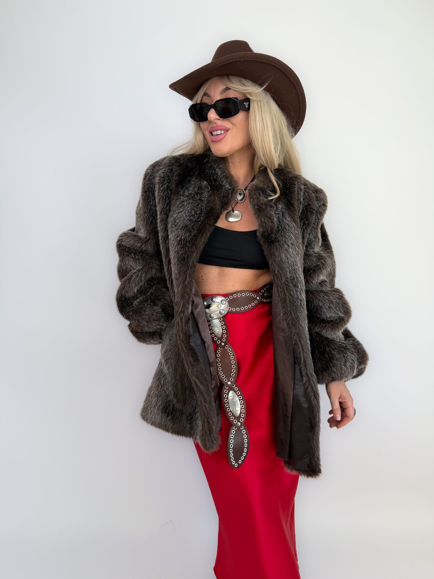 Vintage Brown Frosted Faux Fur Coat  S