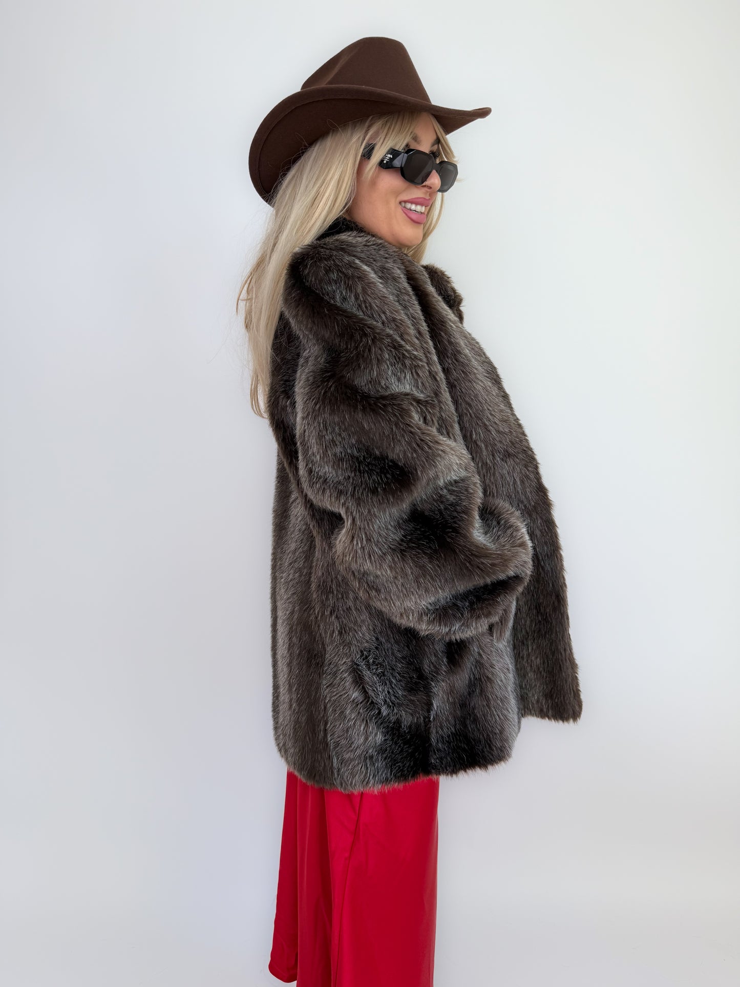 Vintage Brown Frosted Faux Fur Coat  S