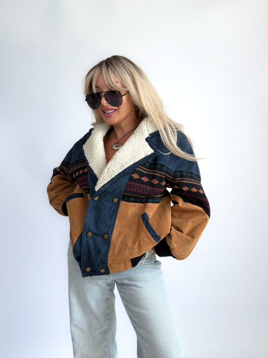 Vintage 90s Southwestern Leather Suede Bomber Jacket with Sherpa Collar – Boho Aztec Navajo Print S-M