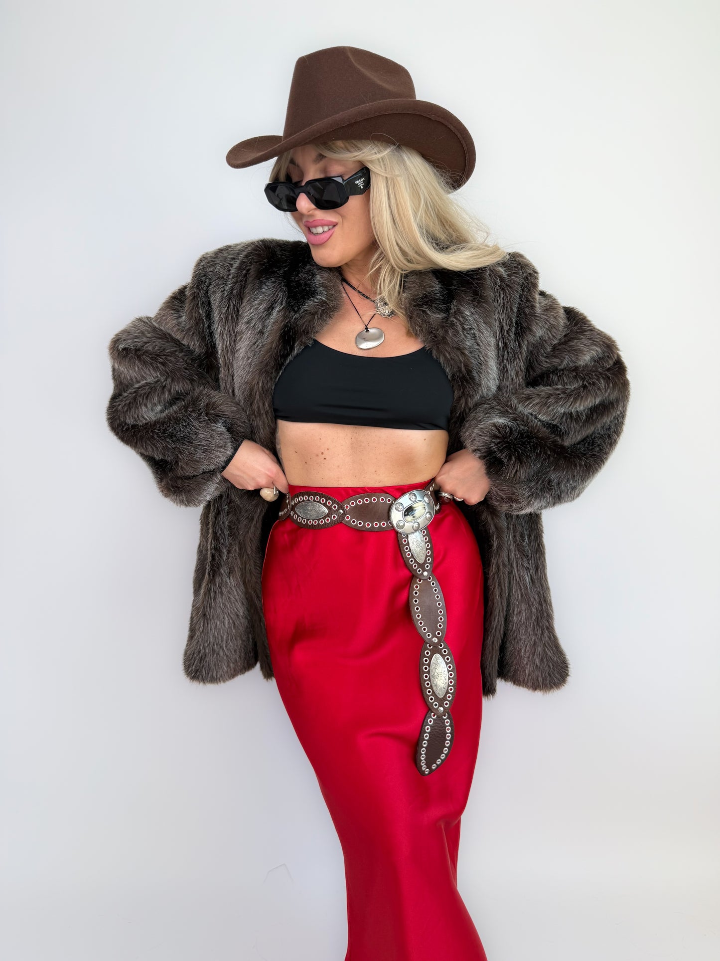 Vintage Brown Frosted Faux Fur Coat  S