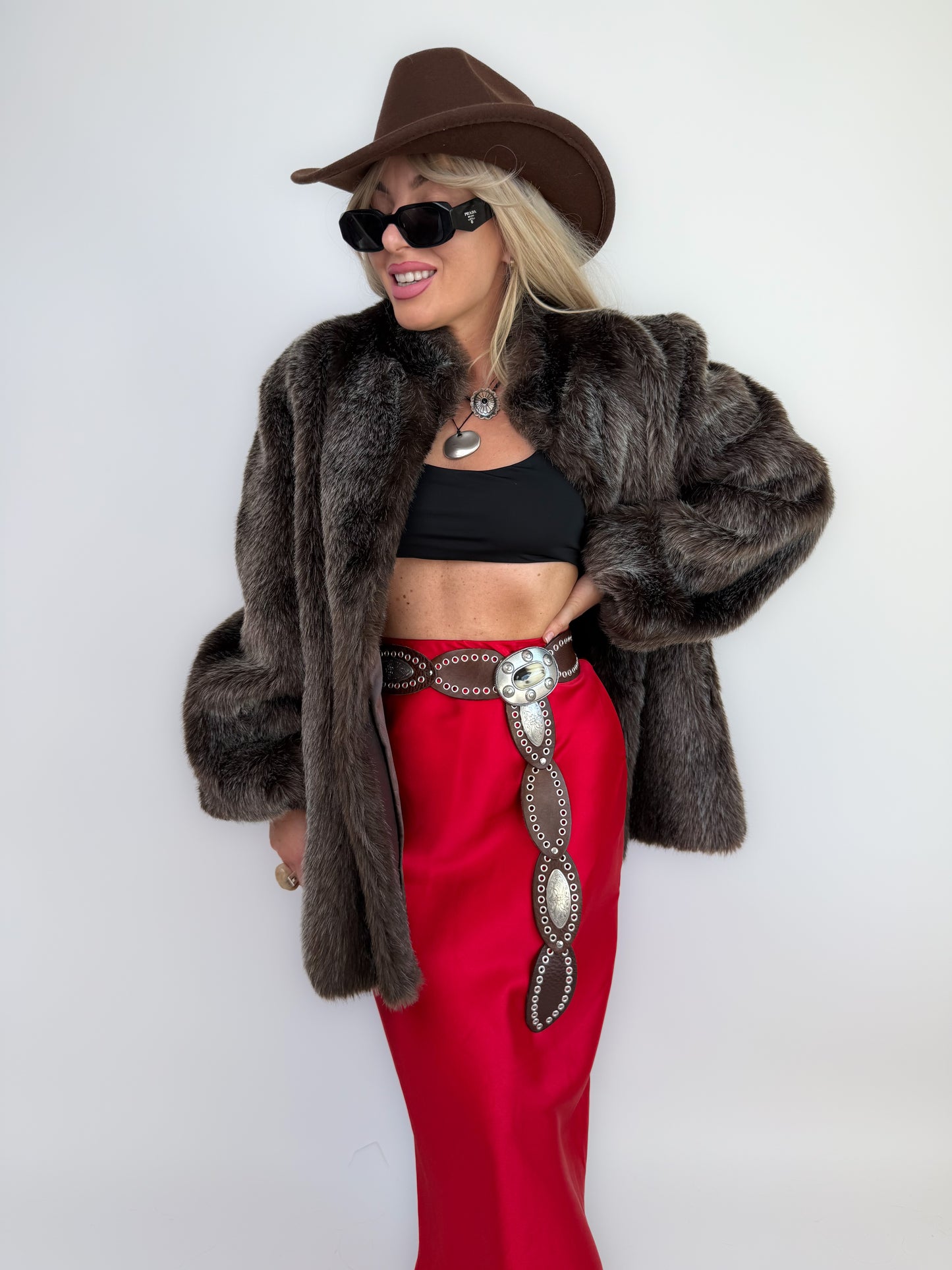 Vintage Brown Frosted Faux Fur Coat  S