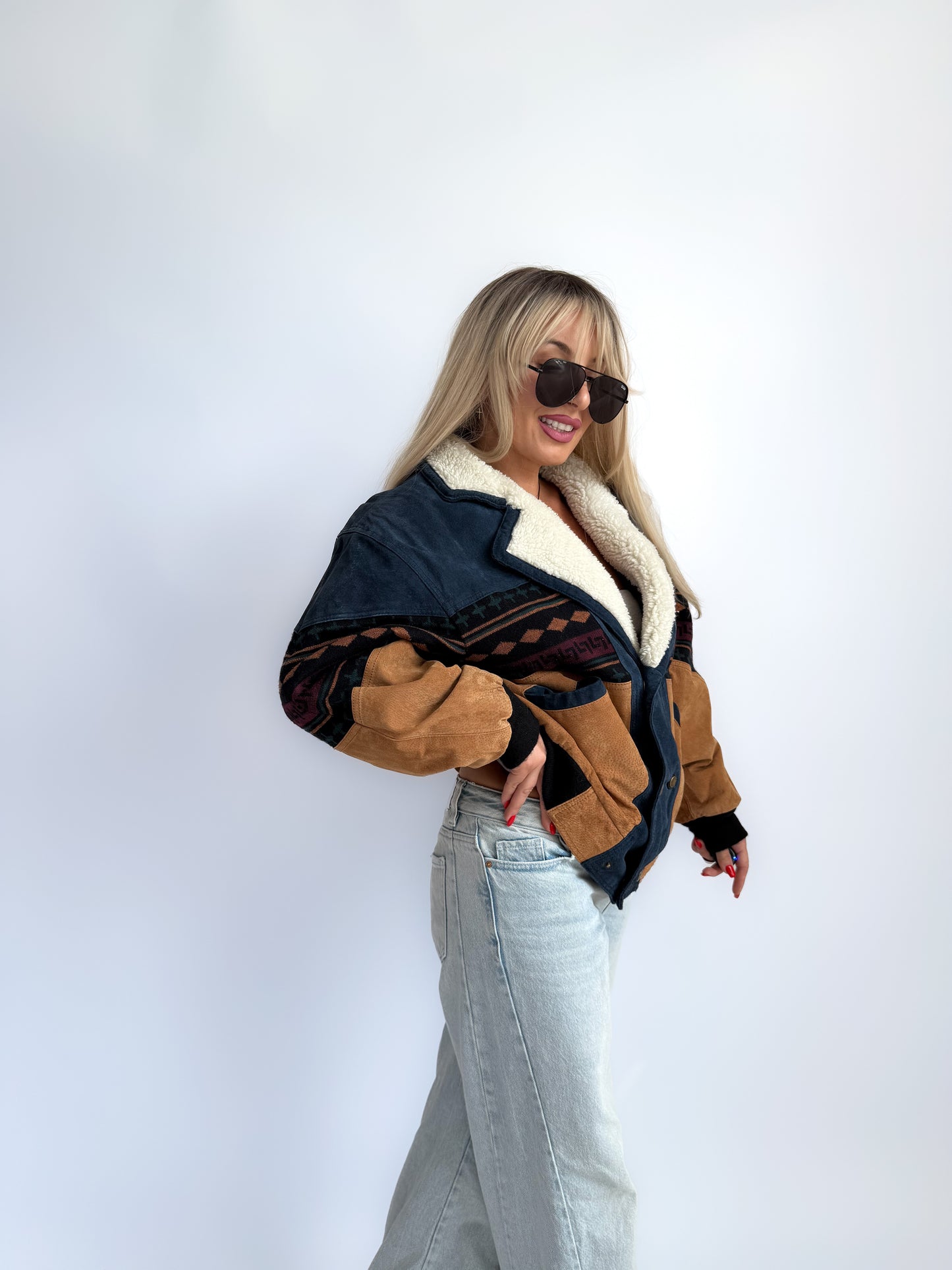 Vintage 90s Southwestern Leather Suede Bomber Jacket with Sherpa Collar – Boho Aztec Navajo Print S-M